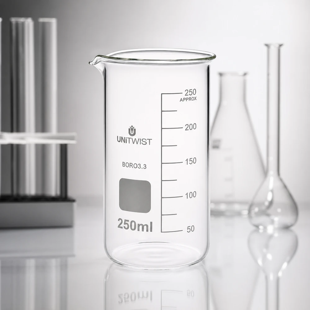 Bæger 250 ml borosilikat, høj form UNITWIST UNITWIST bæger, 250 ml, høj model, borosilikatglas med måleskala ved siden af en Erlenmeyer-kolbe i laboratoriet