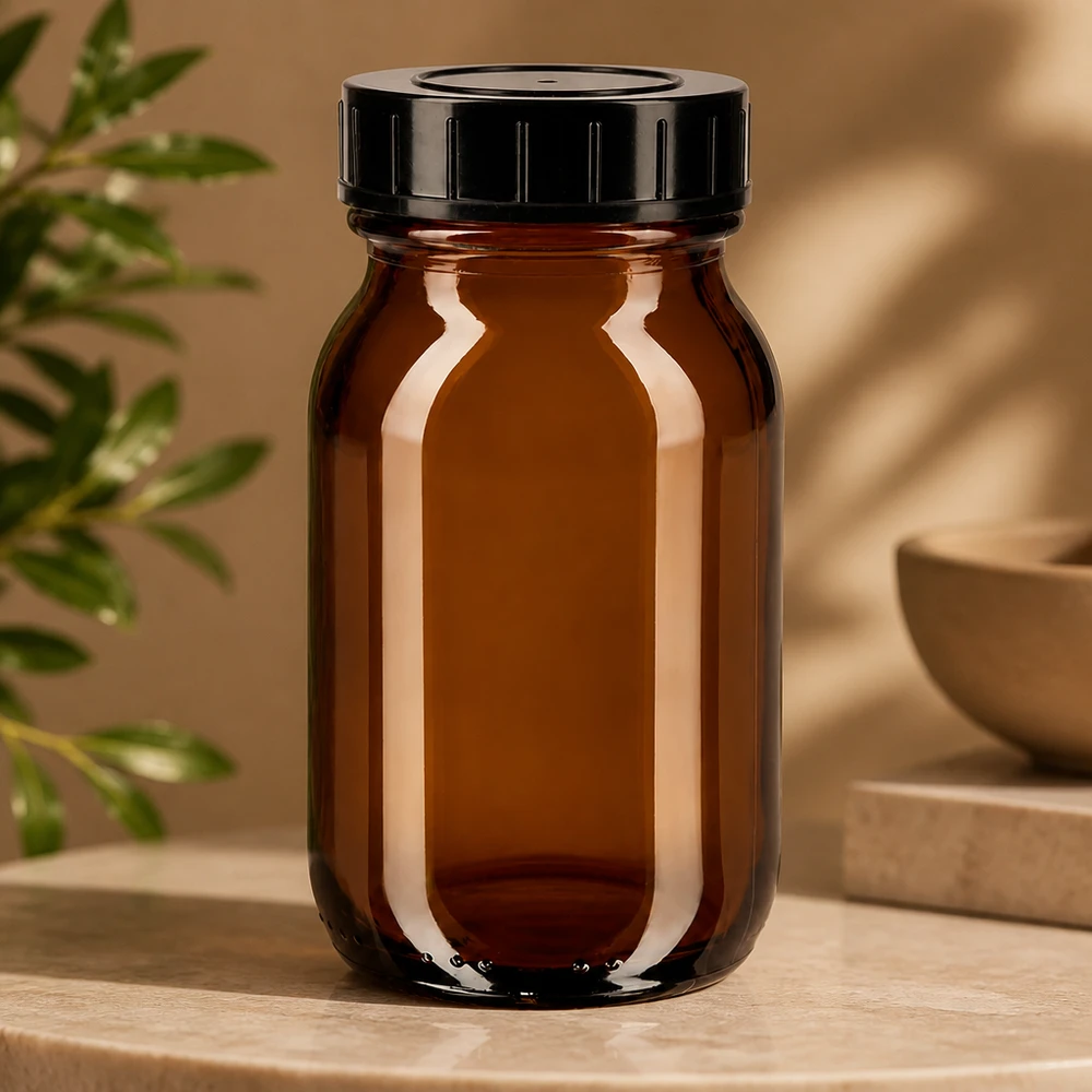 100 ml flaske med bred hals i ravfarvet glas med skruelåg 100 ml apoteksflaske fremstillet af UV-beskyttende ravfarvet glas med tætsluttende sort låg