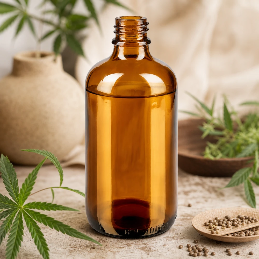 100 ml brun Apoteksflaske ApoGlas 100 ml brun apotekerflaske ApoGlas med cannabis-hamp-planter og korianderfrø på træbord