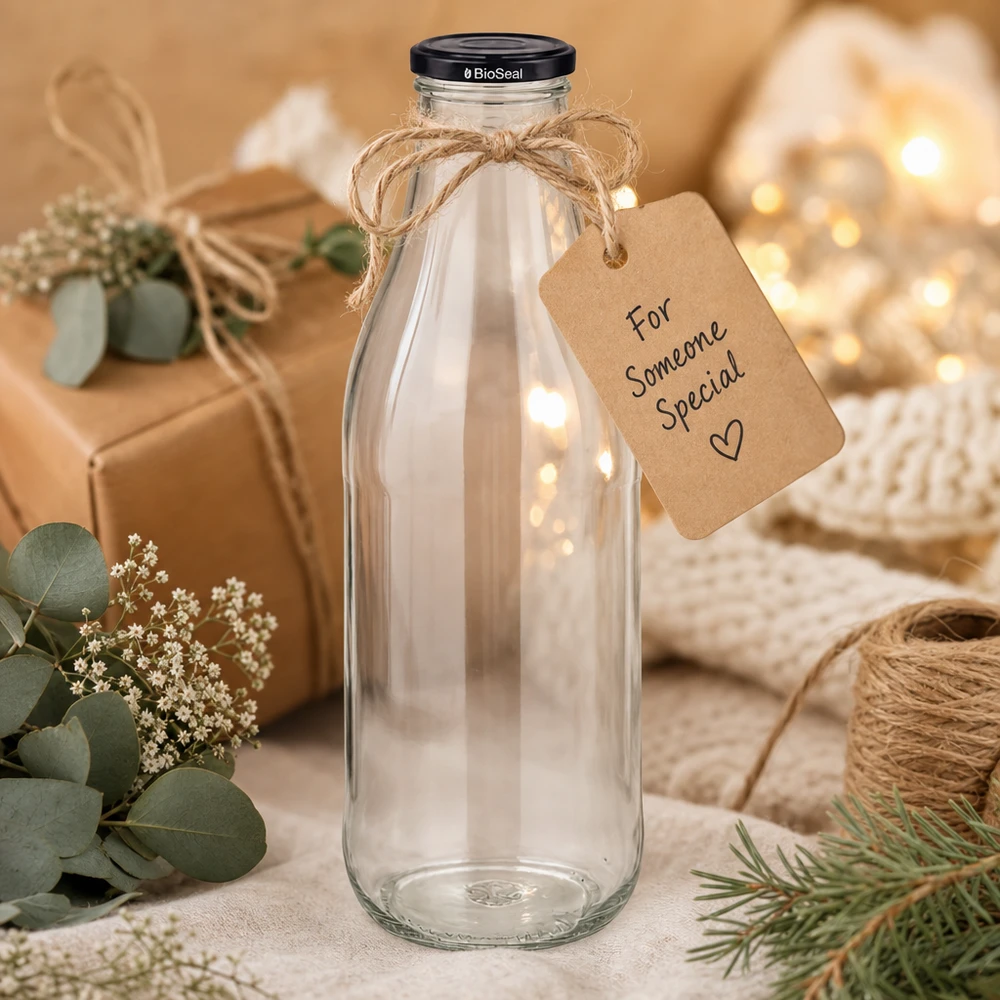 1000 ml glasflaske + BioSeal-låg sort UNiTWIST. Absolut lækagesikker med stort TO48-låg. Til mælk, juice og limonade. 1000 ml glasflaske med sort låg gaveemballage jutesnor vedhæng dekoration bæredygtig miljøvenlig