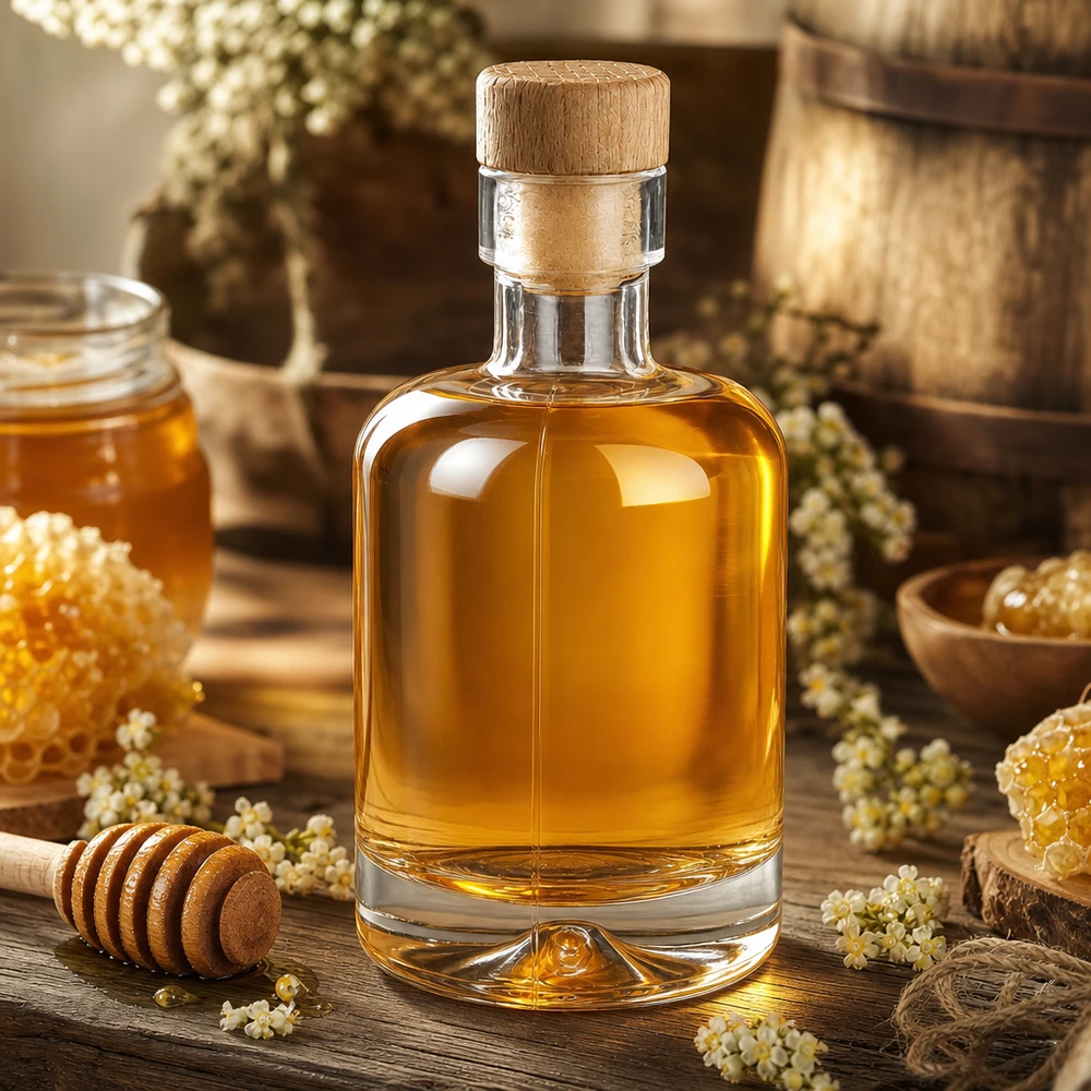 50 ml glasflaske Amelie med træhåndtag UNiTWIST 50 ml glasflaske Amelie fyldt med honning omgivet af honningkager og rustikke tørrede blomster