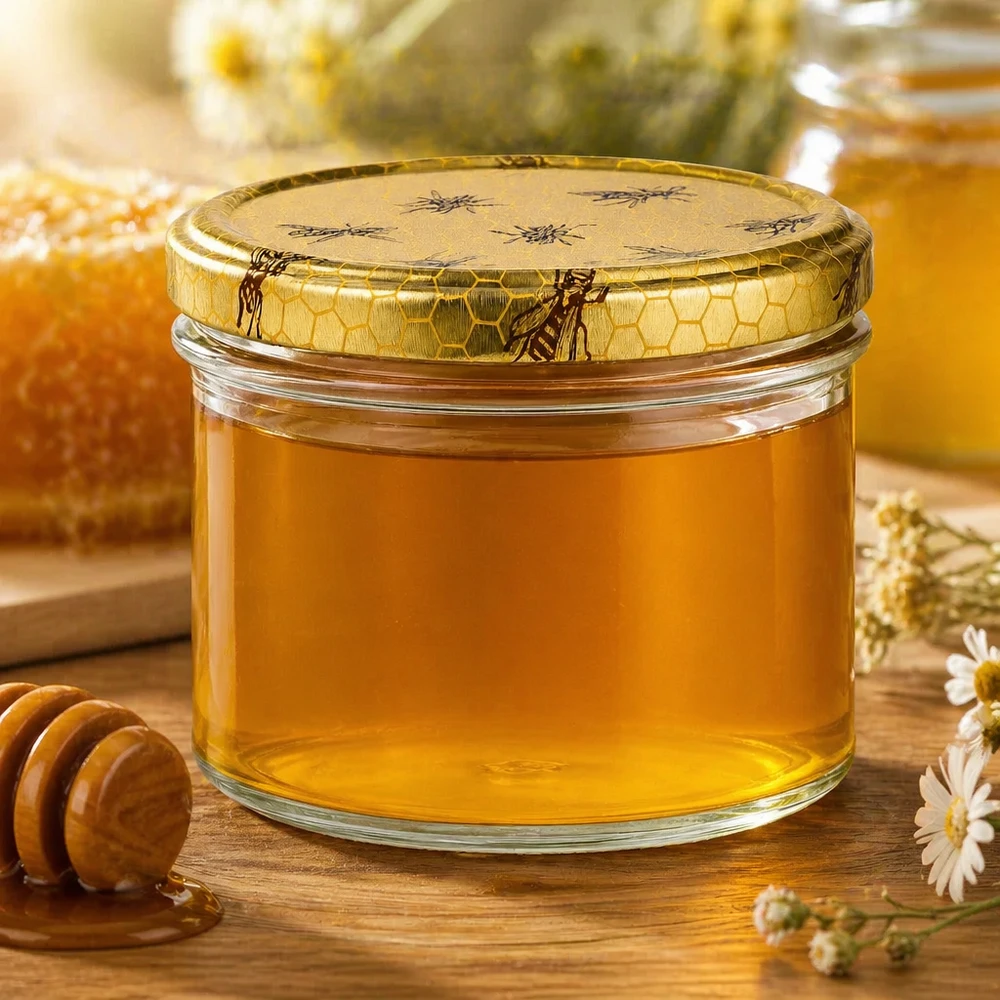 250 g honningglas med låg med honningkagemønster BasicSeal UNiTWIST 250 g honningkrukke med honeycomb-låg fyldt med gylden honning ved siden af honningske og kamilleblomster