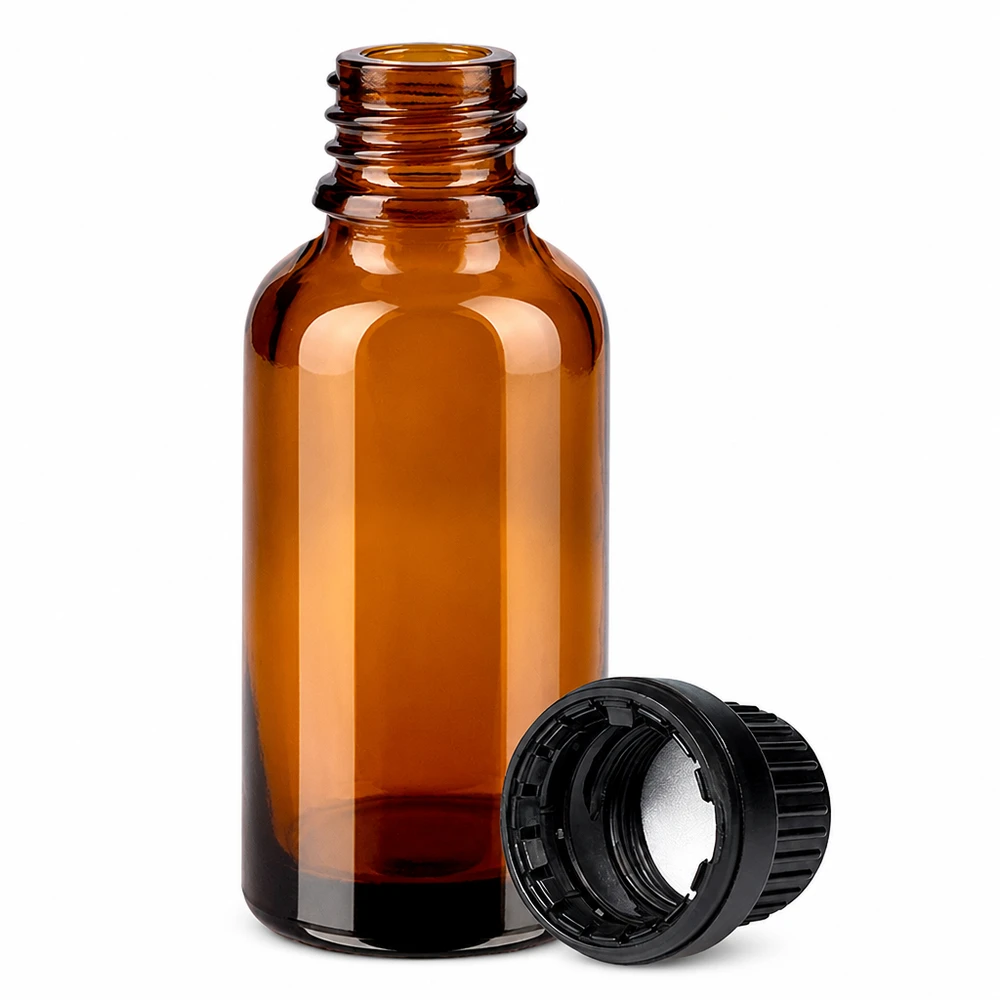 30 ml flaske 11 mm SV sort OV BrownLine UT18/30 30 ml apotekerflaske lavet af ravfarvet glas med tamper-evident lukning til sikker opbevaring