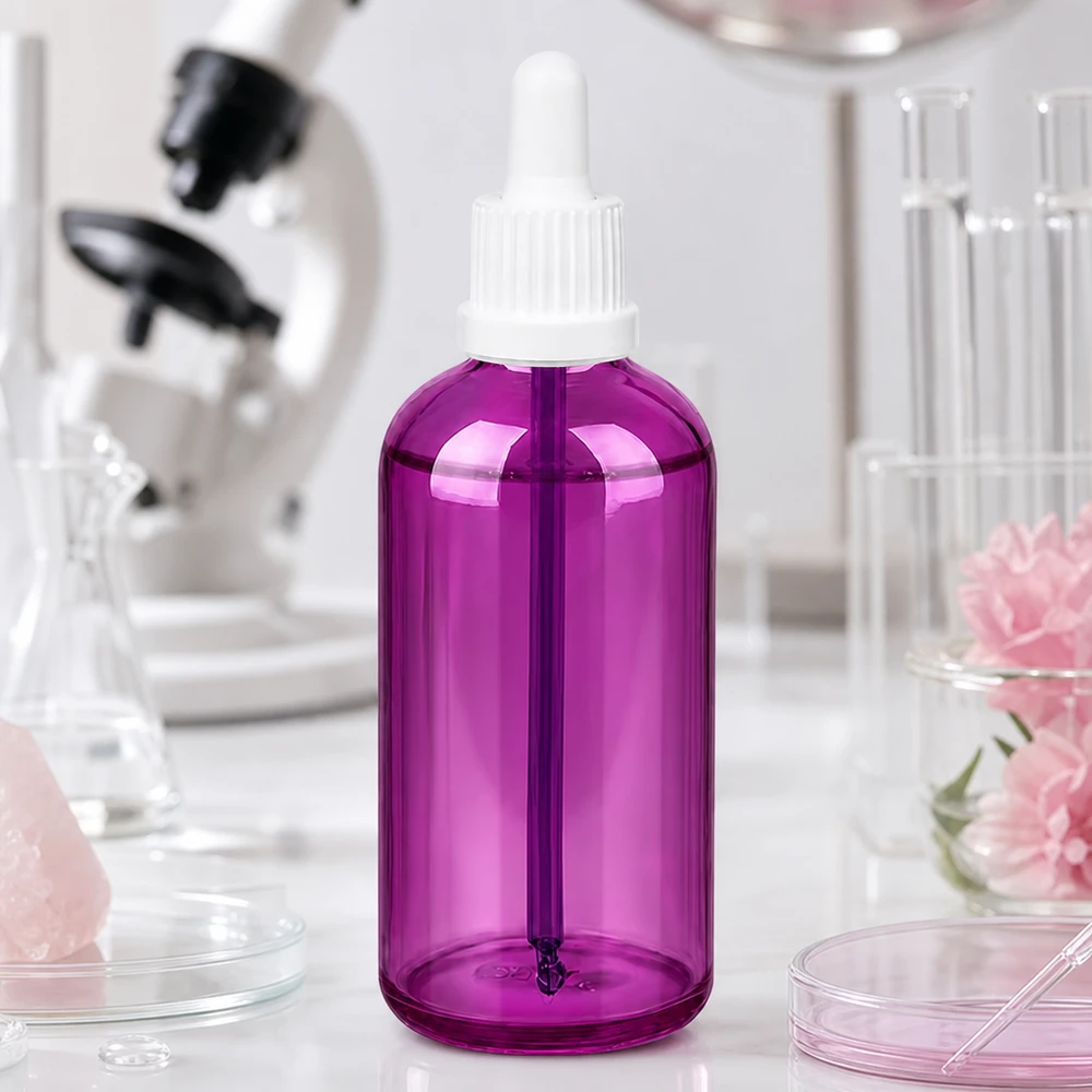 100 ml pipetteflaske hvid Originality skruelåg PurpleLine UT18/100 Transparent lilla dråbeflaske 100 ml med hvid hætte til præcis påføring af væsker