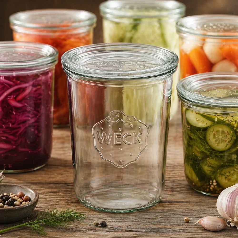 850 ml krukke med glaslåg WECK RR100 WECK Sturzglas 850ml RR100 mit eingelegtem Gemüse und Gewürzen zeigt Einmachen und Fermentieren im Haushalt