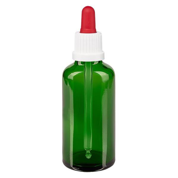 Apoteksflaske grøn 50 ml pipette hvid/rød OV Apoteksflaske grøn 50 ml pipette hvid/rød OV