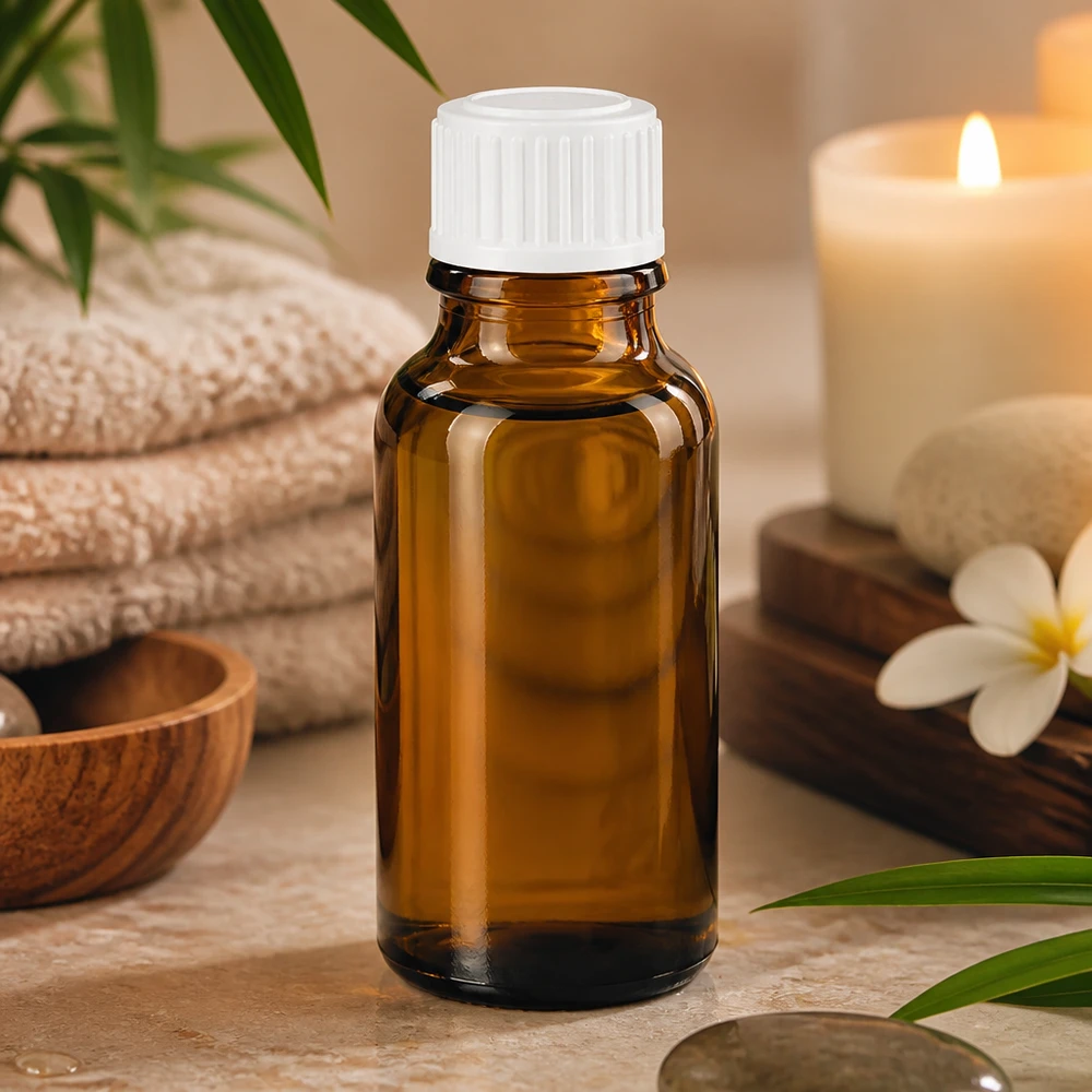 Brun 20 ml apotekerflaske af glas med hvid prop på marmor ved siden af et stearinlys og en plumeria