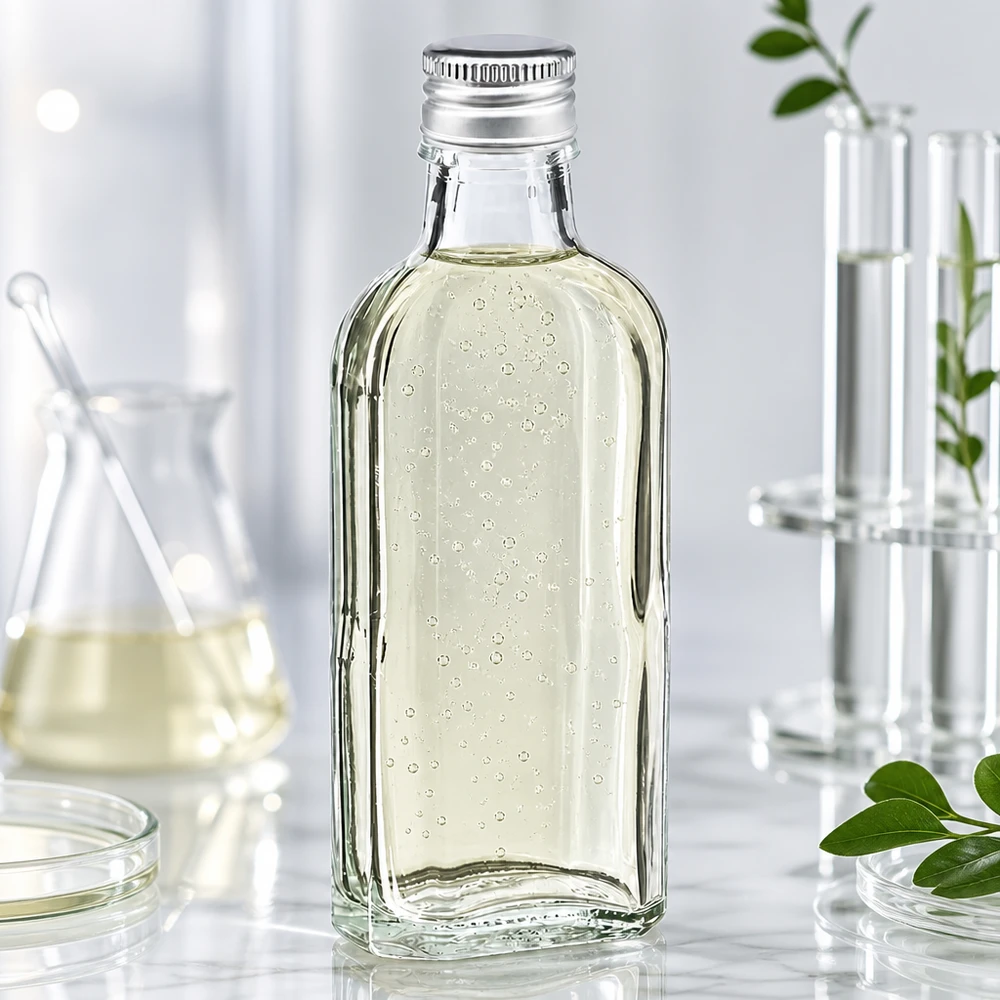 Lille 100 ml Meplat-flaske af klart glas med sølvfarvet aluminiumsskruelåg (PP22) og bobler