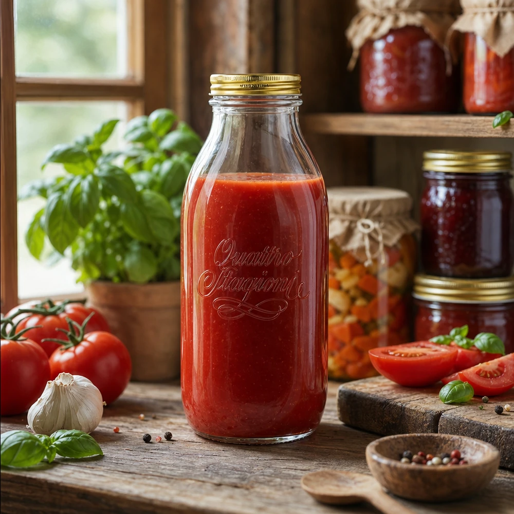 1000 ml glasflaske "Quattro Stagioni" med låg Quattro Stagioni 1000 ml glasflaske fyldt med tomatsauce i rustikt køkken med friske tomater og krydderurter