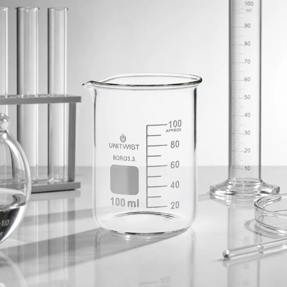 Bæger 100 ml borosilikat, lav form UNiTWIST Tomt bægerglas, 100 ml, borosilikat 3.3, lav profil med milliliterskala til brug i laboratoriemiljøet
