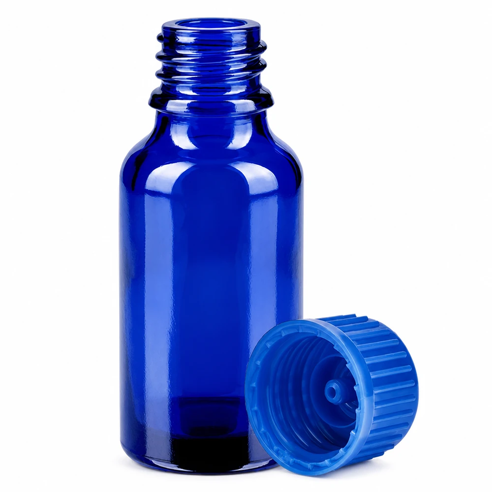 20 ml flaske 11 mm SV blå STD BlueLine UT18/20 Lille 20 ml laboratorieflaske af blåt glas med børnesikret hætte til aromaterapi