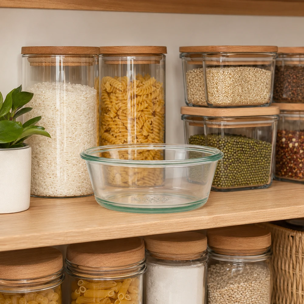 300 ml WECK RR120 gourmetglas WECK gourmetkrukke 300 ml RR120 i et organiseret spisekammer med opbevaringskrukker og krydderier viser praktisk opbevaringsplads.