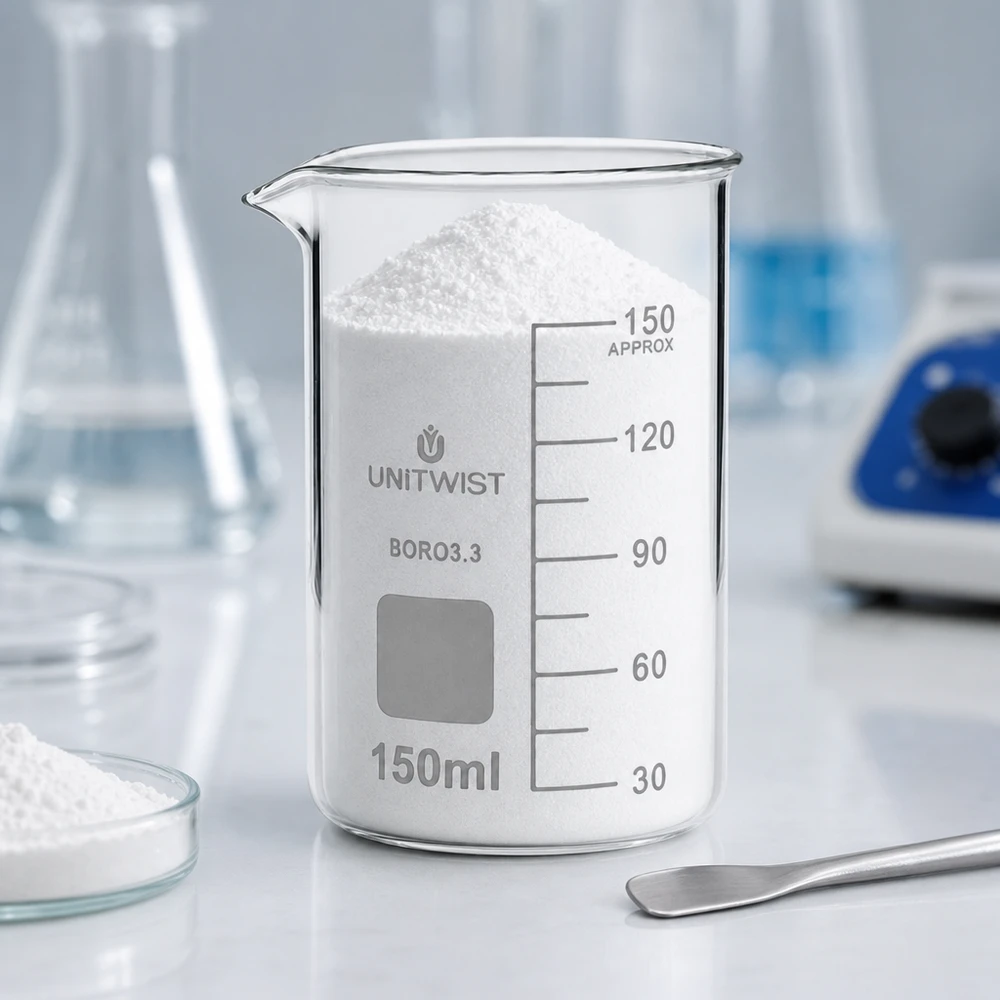Bæger 150 ml borosilikat, høj form UNITWIST UNITWIST bægerglas, 150 ml, høj model, borosilikatglas, fyldt med hvidt pulver på et laboratoriebord