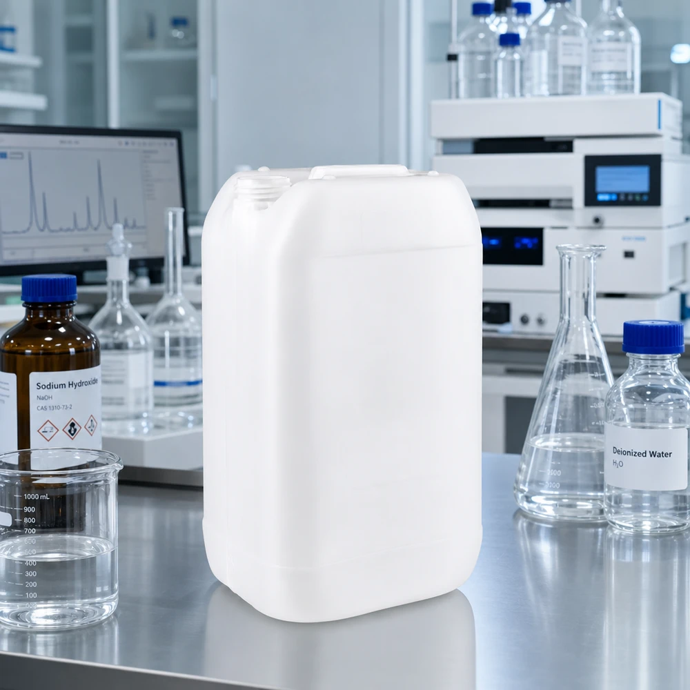 Tom, hvid 15-liters dunk uden låg på en arbejdsflade af rustfrit stål i et kemisk laboratorium