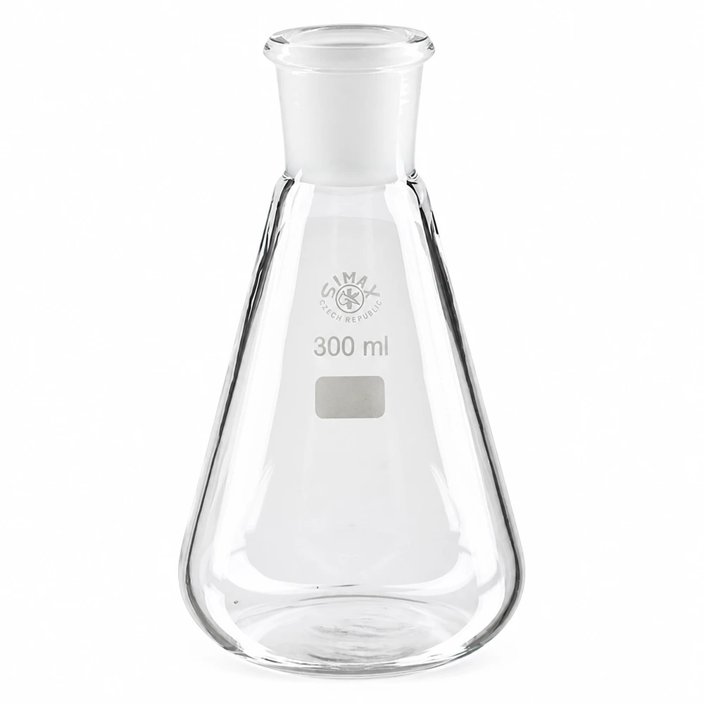 Erlenmeyer-kolbe 300 ml med standard slebet led (29/32) Erlenmeyer-kolbe 300 ml af borosilikatglas med slebet standardfuge 29/32 til laboratoriebrug