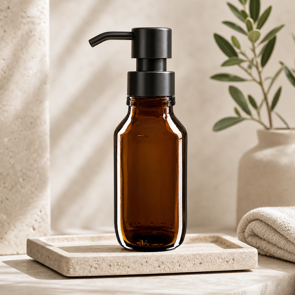 50 ml medicinflaske brun, uden hætte PP28 ApoGlas. Farmaceutisk kvalitet fra EU-produktion. 28 mm gevind. (sirup, let glasflaske) Brun glasflaske 50 ml med sort pumpedispenser til kosmetik og hudpleje ApoGlas PP28