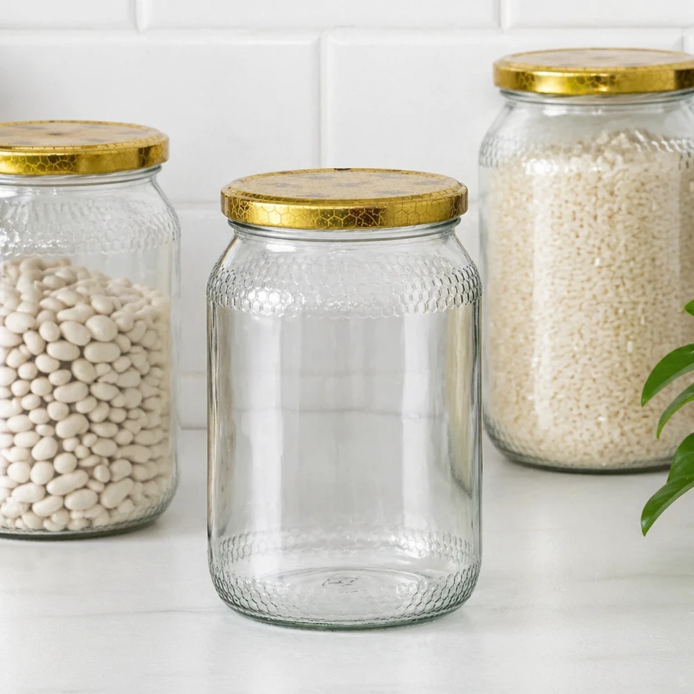 1260 g honningglas med låg med honningkagemønster BasicSeal UNiTWIST 900 ml honningglas med BasicSeal honeycomb-låg organiseret som opbevaringsglas til bønner og ris i spisekammeret