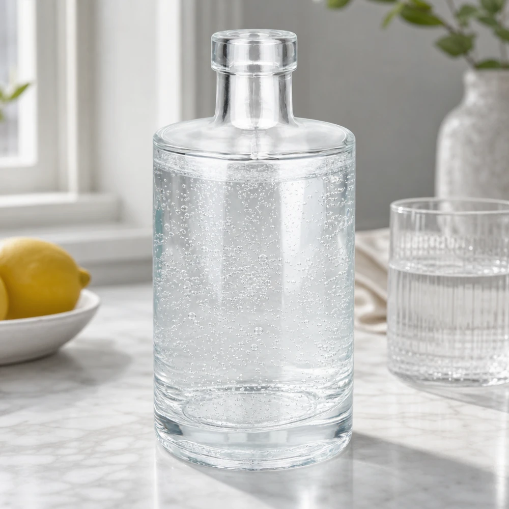 350 ml glasflaske Marie uden lukning UNiTWIST® 350ml Glasflasche Marie mit Sprudelwasser gefüllt neben Zitrone und Glas stilvolle Tischszene Bild 9 von 10