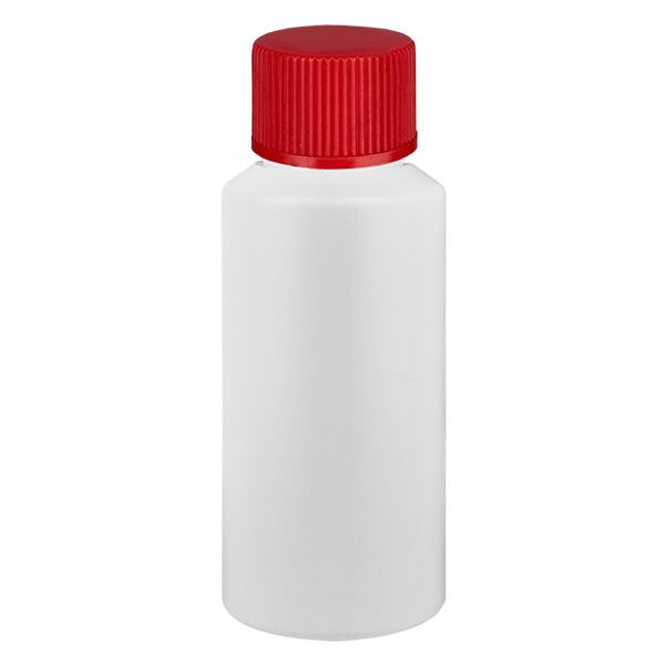 Apoteksflaske HDPE 30ml hvid, med rød SV Apoteksflaske HDPE 30ml hvid, med rød SV