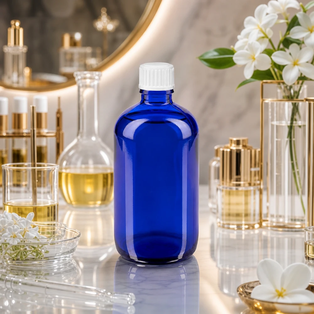 100 ml apotekerflaske i koboltblå med hvid standardprop i laboratoriemiljø