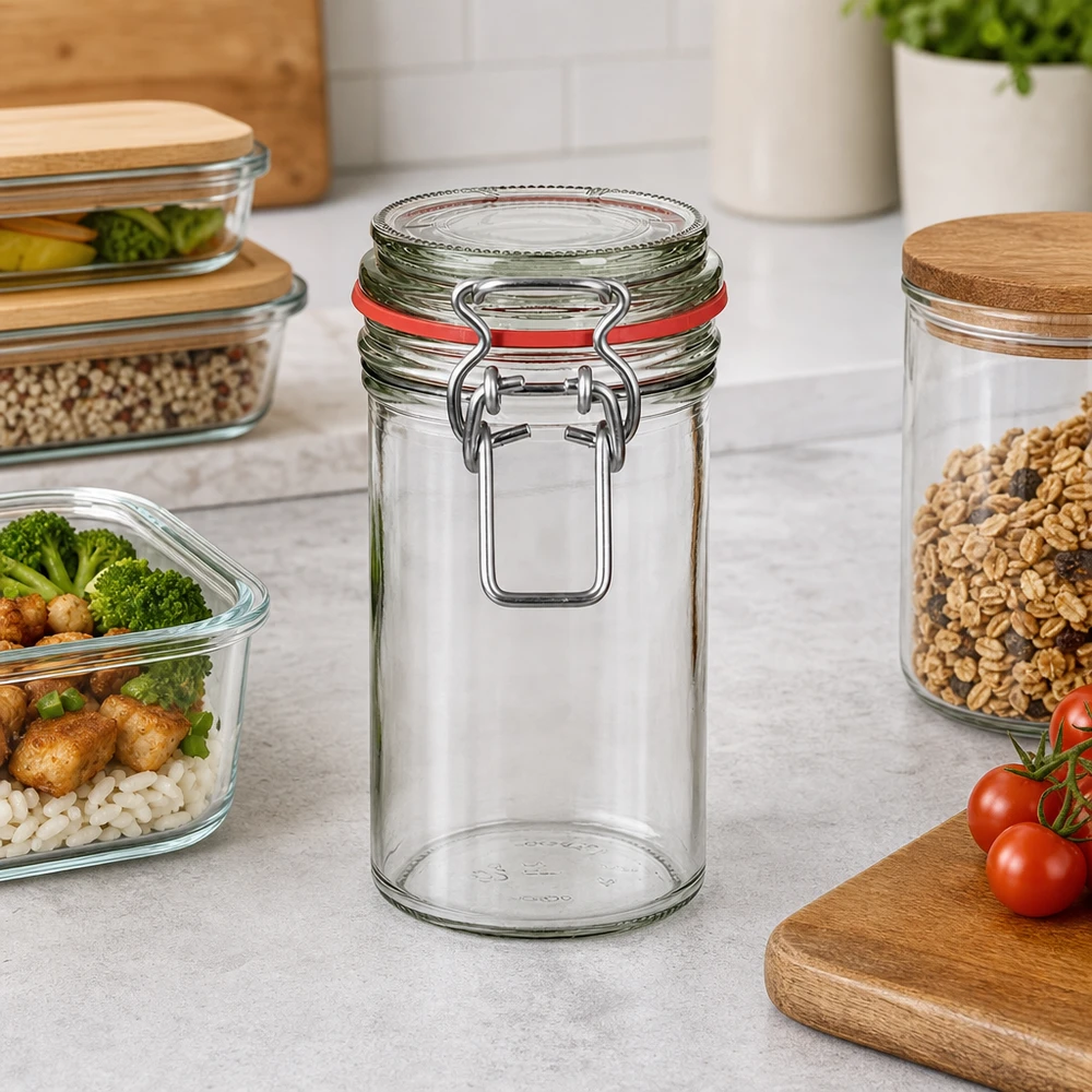 272 ml opbevaringsglas, type G, med bøjlelåg UN.. 272 ml opbevaringskrukke med svingtop står tom på køkkenbordet ved siden af fyldte opbevaringsbeholdere og friske ingredienser