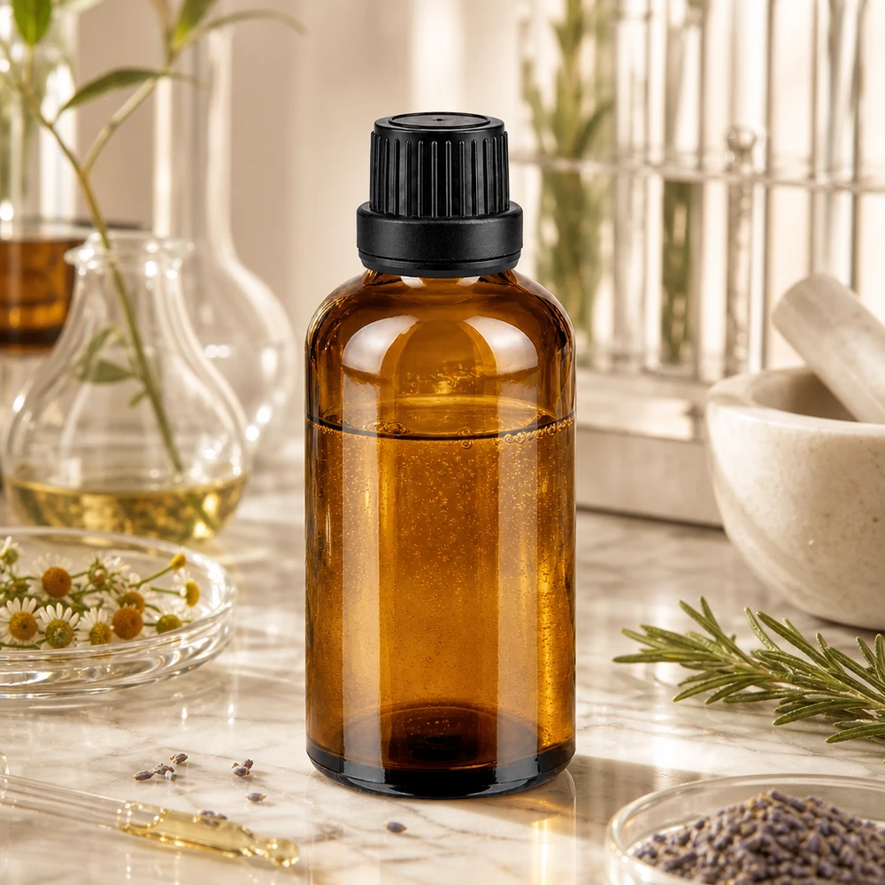 Apoteksflaske brun 50ml skruelåg sort tæt OV Brun glasflaske på 50 ml med sort skruelåg ved siden af rosmarin, kamille og lavendel på marmor