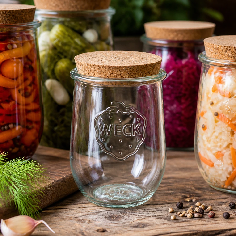 1062 ml tulipankrukke WECK RR100 med kork natur WECK RR100 tulipankrukke 1062 ml med kork mellem farverige fermenteringskrukker med syltede grøntsager på et træbord