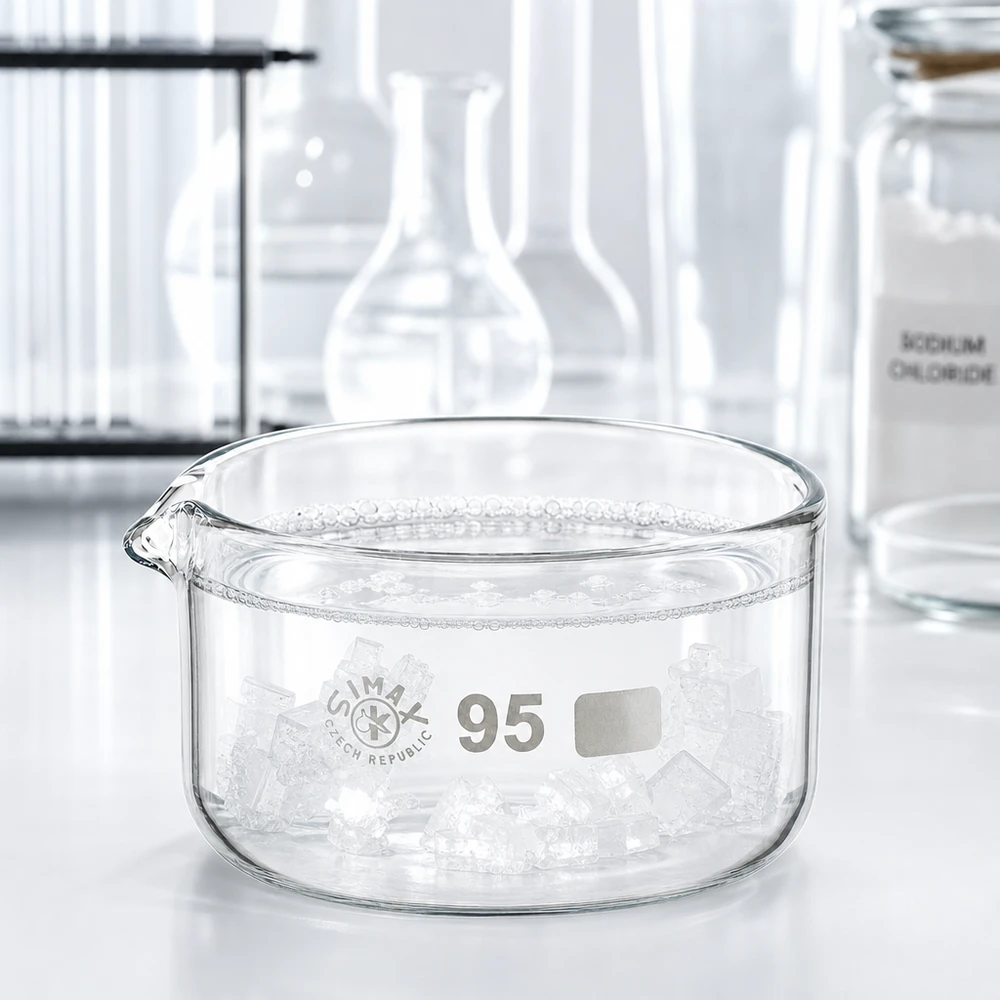 Krystalliseringsskål 300 ml med borosilikat-tud Flad glasskål på 300 ml fyldt med saltkrystaller til laboratoriebrug, diameter 95 mm