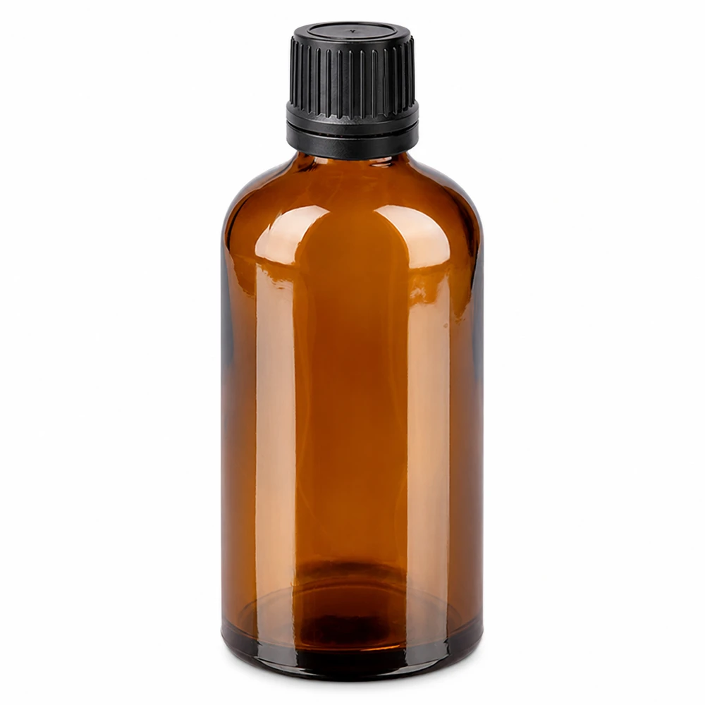 100 ml dråbeflaske 1 mm sort OV BrownLine UT18/100 100 ml dråbeflaske i brunt glas med sort hætte til æteriske olier og tinkturer