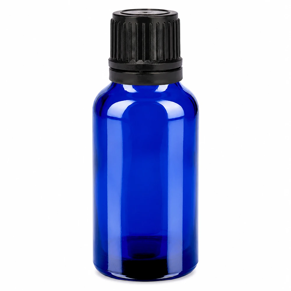20 ml flaske 11 mm SV sort OV BlueLine UT18/20 Blå glasflaske 20 ml med sort skruelåg til æteriske olier og aromaterapi