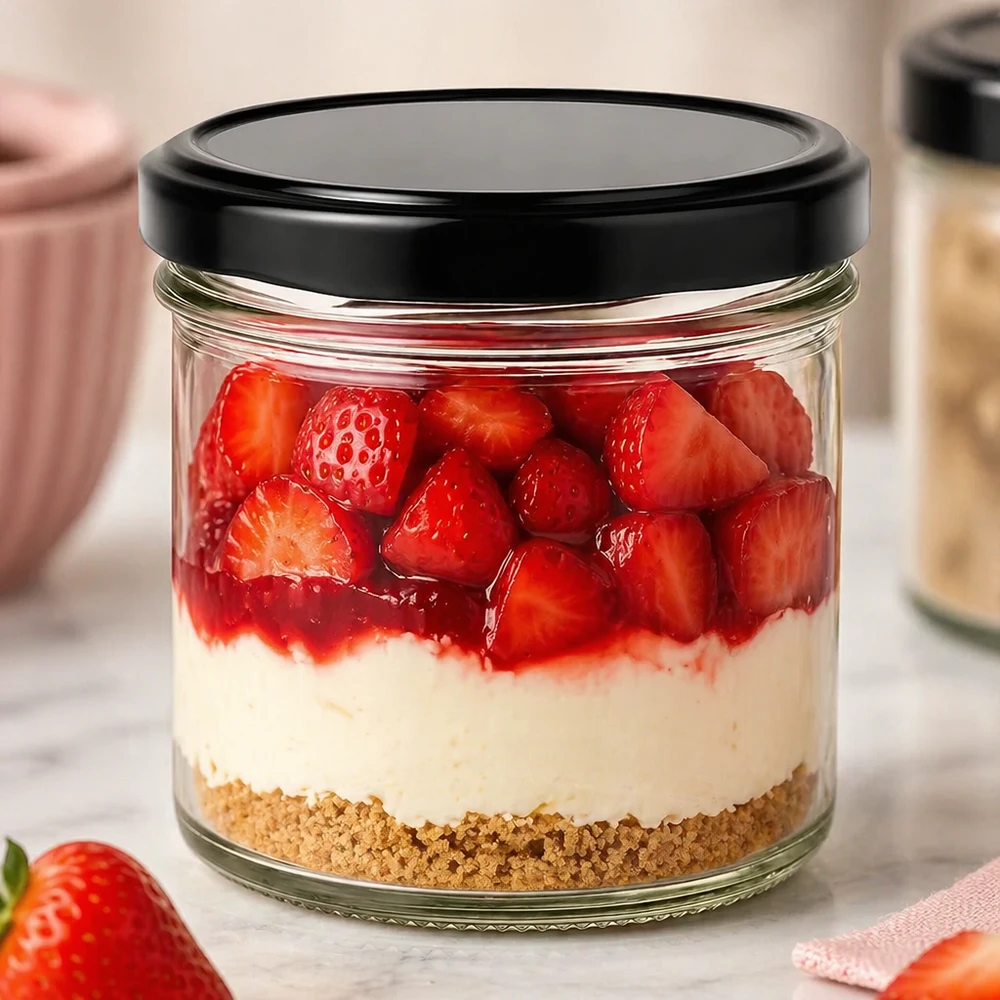 125 ml Briller med BasicSeal-låg sort UNiTWIST 125 ml glas med sort BasicSeal-låg som dessertglas med cheesecake med jordbær, fløde og kiksebund