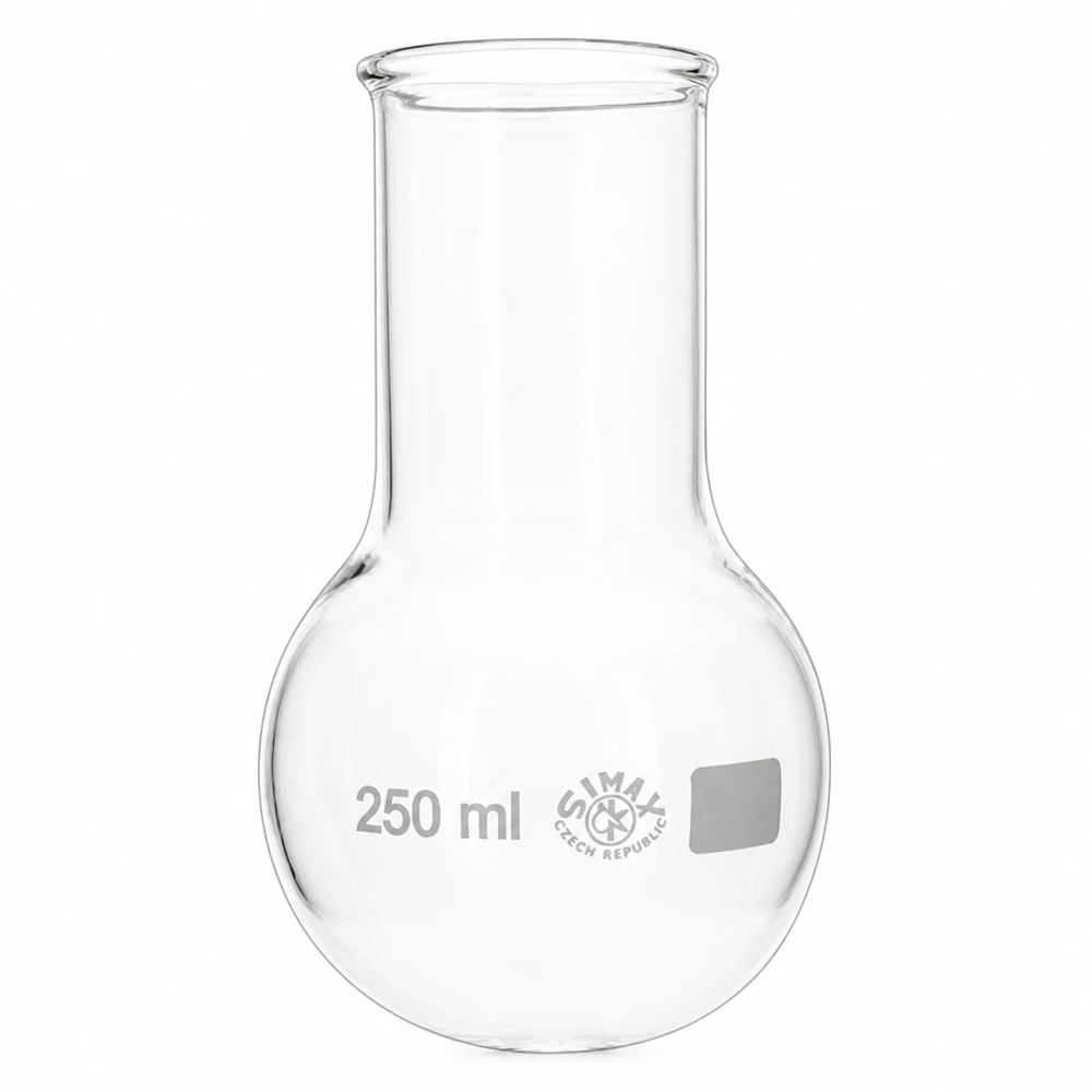 Kolbe med rund bund og bred hals 250 ml Rundbundet kolbe med bred hals på 250 ml af borosilikatglas til laboratorieteknologi og kemiske eksperimenter