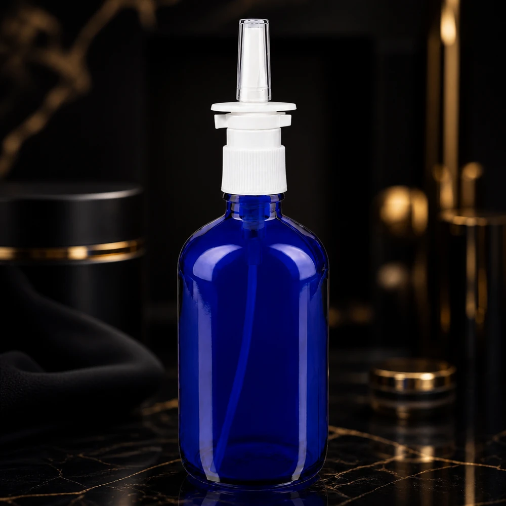 100 ml næsesprayflaske af blåt glas med hvid doseringspumpe og gennemsigtig plastdyse