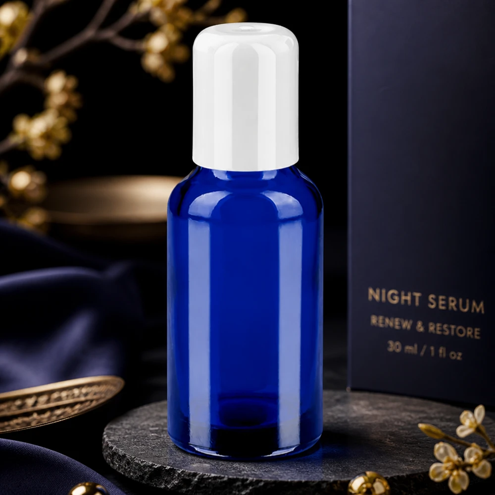 30 ml roll-on flaske hvid STD BlueLine UT18/30 Elegant roll-on-flaske 30 ml i koboltblå med hvidt skruelåg til premium-kosmetikprodukter
