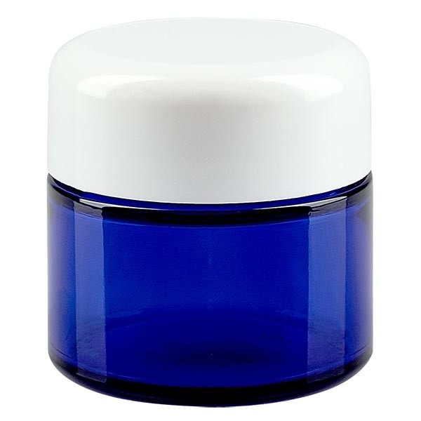 50 ml glaskrukke kongeblå, med hvidt bakelitlåg ApoGlas. Farmaceutisk kvalitet fra EU-produktion. Fødevaresikker. Med UV-beskyttelse. 50 ml glaskrukke kongeblå, med hvidt bakelitlåg ApoGlas. Farmaceutisk kvalitet fra EU-produktion. Fødevaresikker. Med UV-beskyttelse.