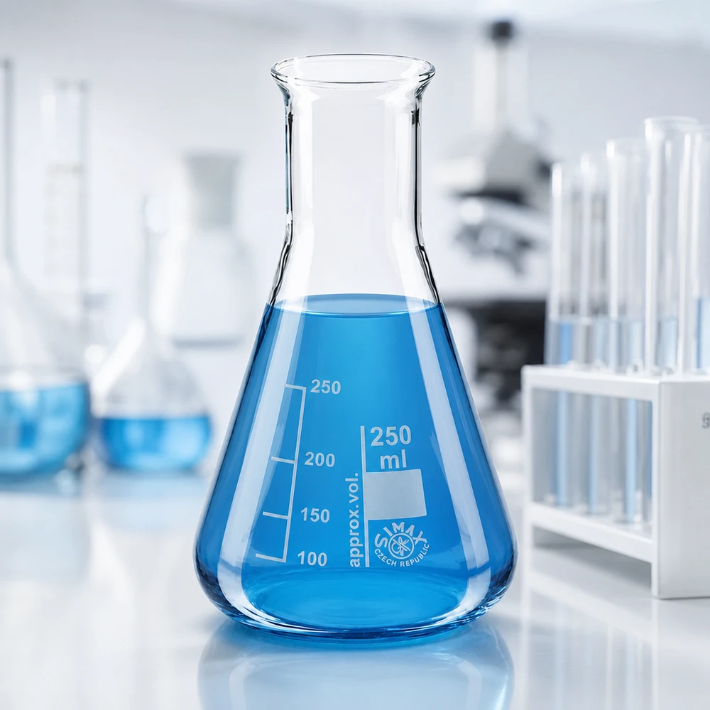 Erlenmeyer-kolbe 250 ml med smal hals Gradueret Erlenmeyer-kolbe 250 ml fremstillet af varmebestandigt glas med præcise millilitermarkeringer