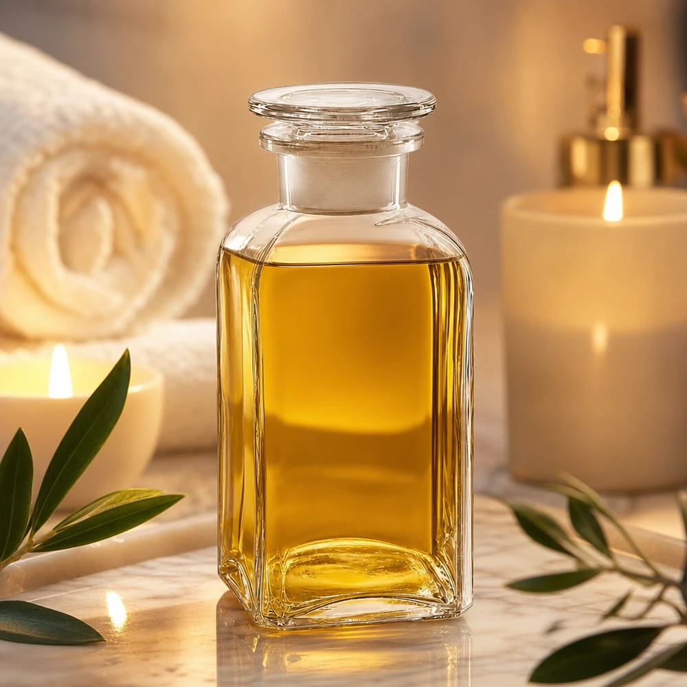 Firkantet flaske 350 ml klar glasprop med bred hals Gennemsigtig firkantet flaske på 350 ml med glasprop, fyldt med gylden olie i spa-stemning