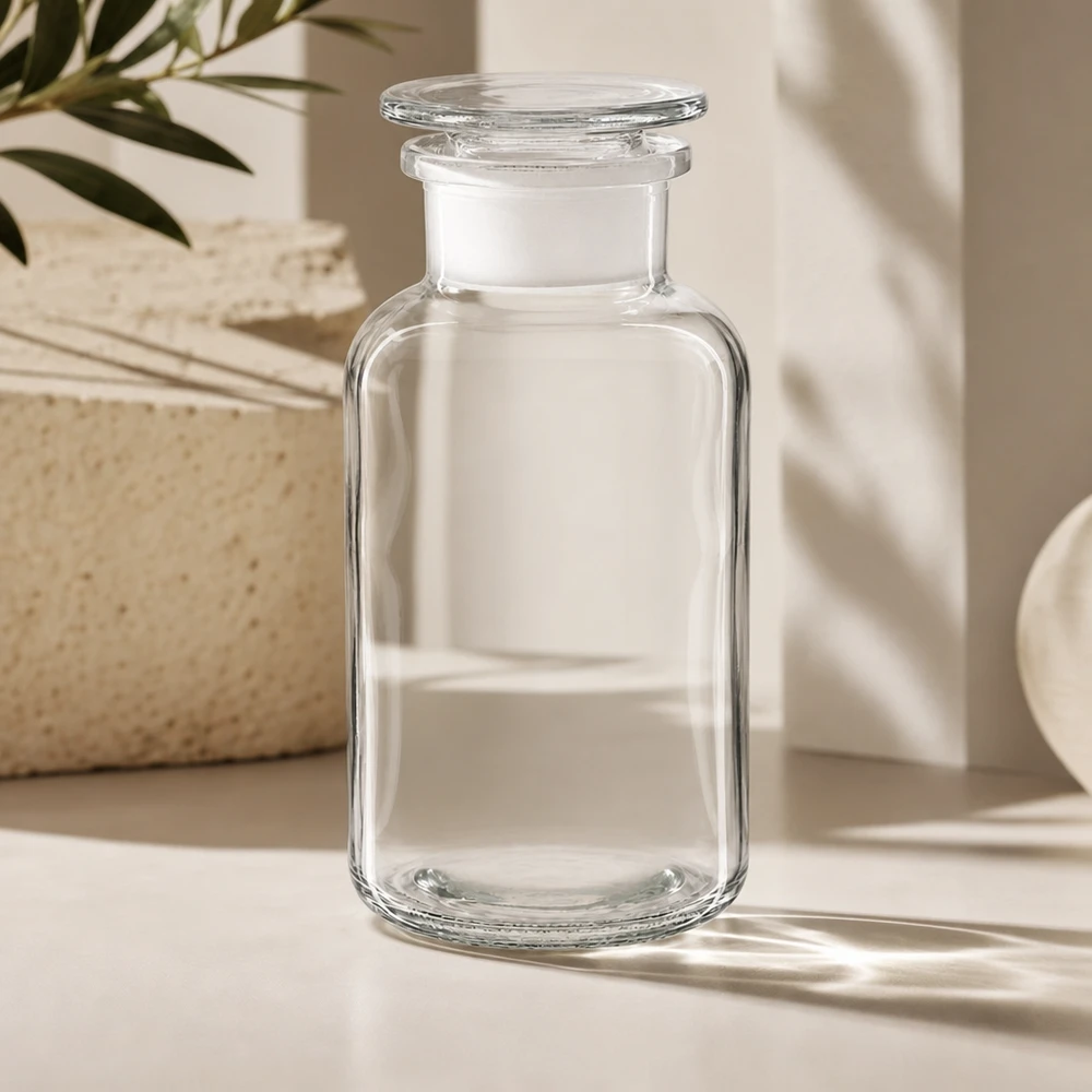 Rund skulderflaske 500 ml klar glasprop med bred hals Borosilikatglasflaske med bred hals, 500 ml, med indslibet glasprop, der kan lukkes lufttæt