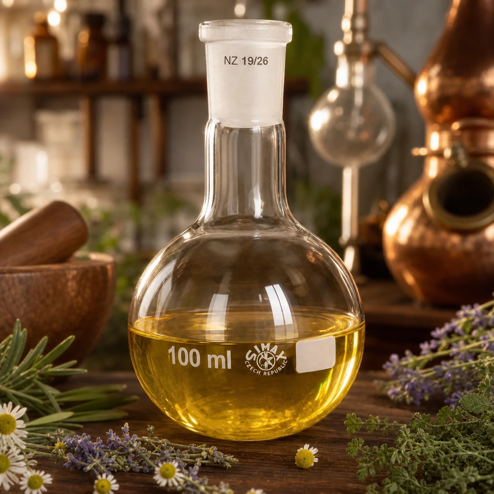 100 ml kolbe med standard slebet led (19/26) Hoftekolbe med gul opløsning 100 ml volumen - laboratorieglasvarer af høj kvalitet med 19/26 standard slebet samling