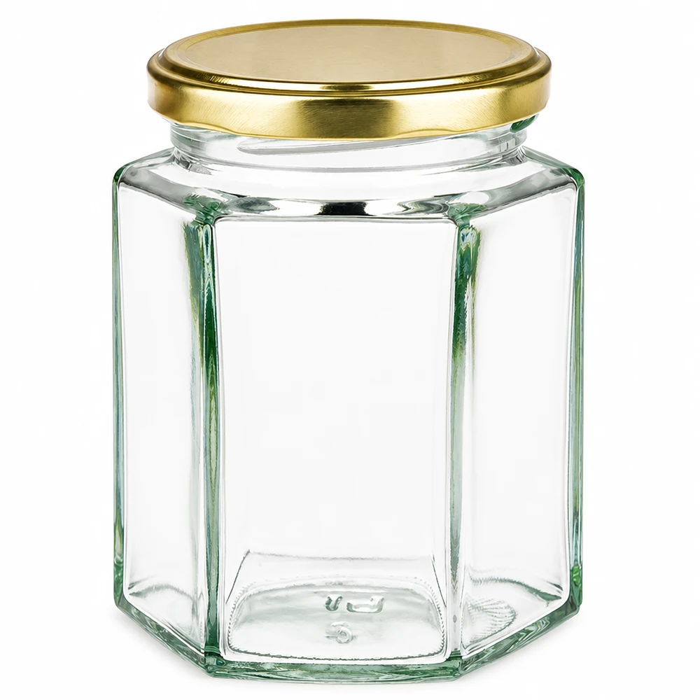 191 ml Hexaglas + BasicSeal-låg i guld UNiTWIST® 191 ml Hexaglas med gyldent BasicSeal-låg fra UNiTWIST, tom og gennemsigtig på hvid baggrund