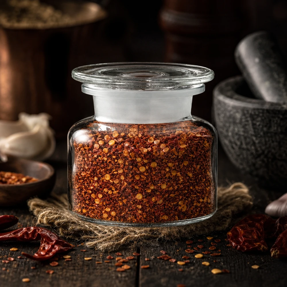 Idé til krydderiglas: Apotekerflaske 100 ml med bred hals i klart glas Apotekerflaske på 100 ml med bred hals, fyldt med chiliflager, ved siden af en morter og tørrede chilier