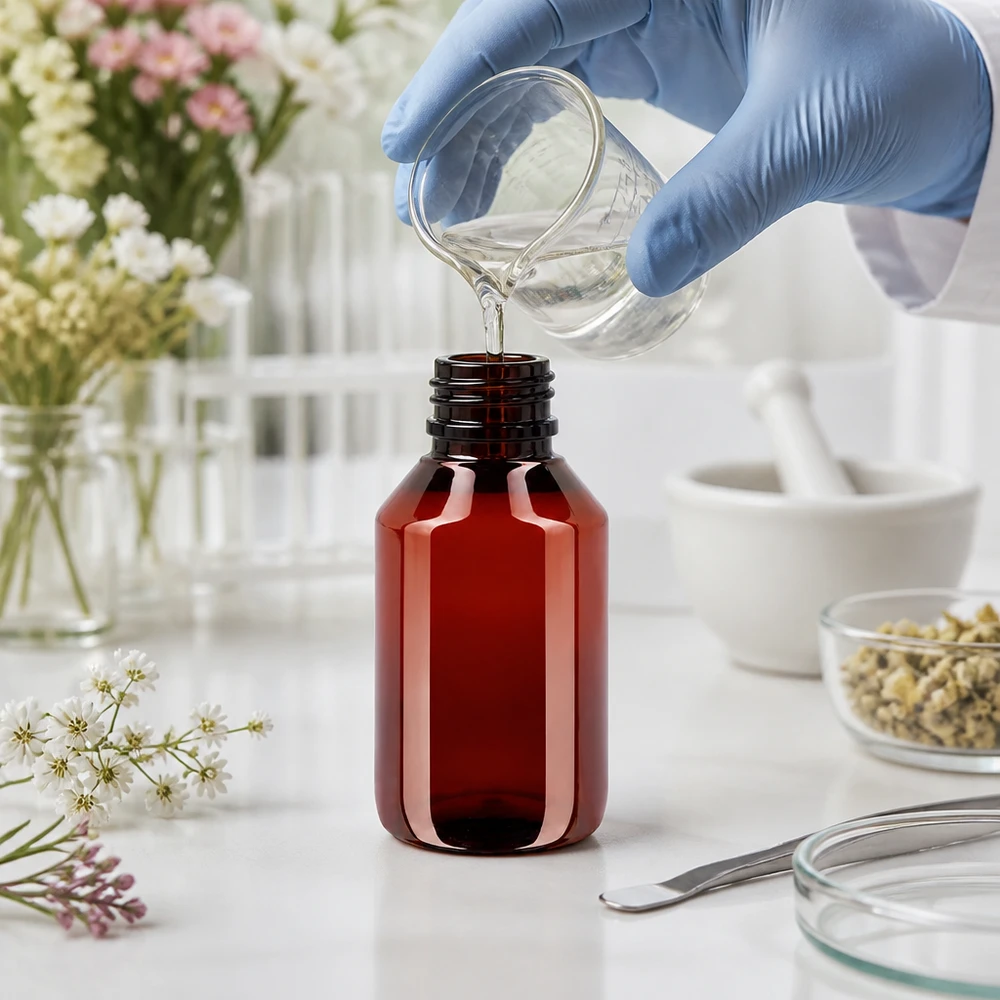 PET-flaske 50 ml med sort sprayhætte OV 50ml PET Rundflasche braun mit schwarzem Spritzverschluss OV für Heilpflanzenöle