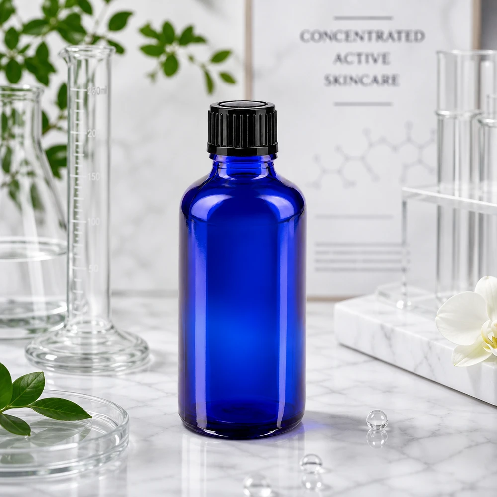 Blå 50 ml apotekerflaske med sort dråbepropp i laboratoriemiljø med glaskolbe