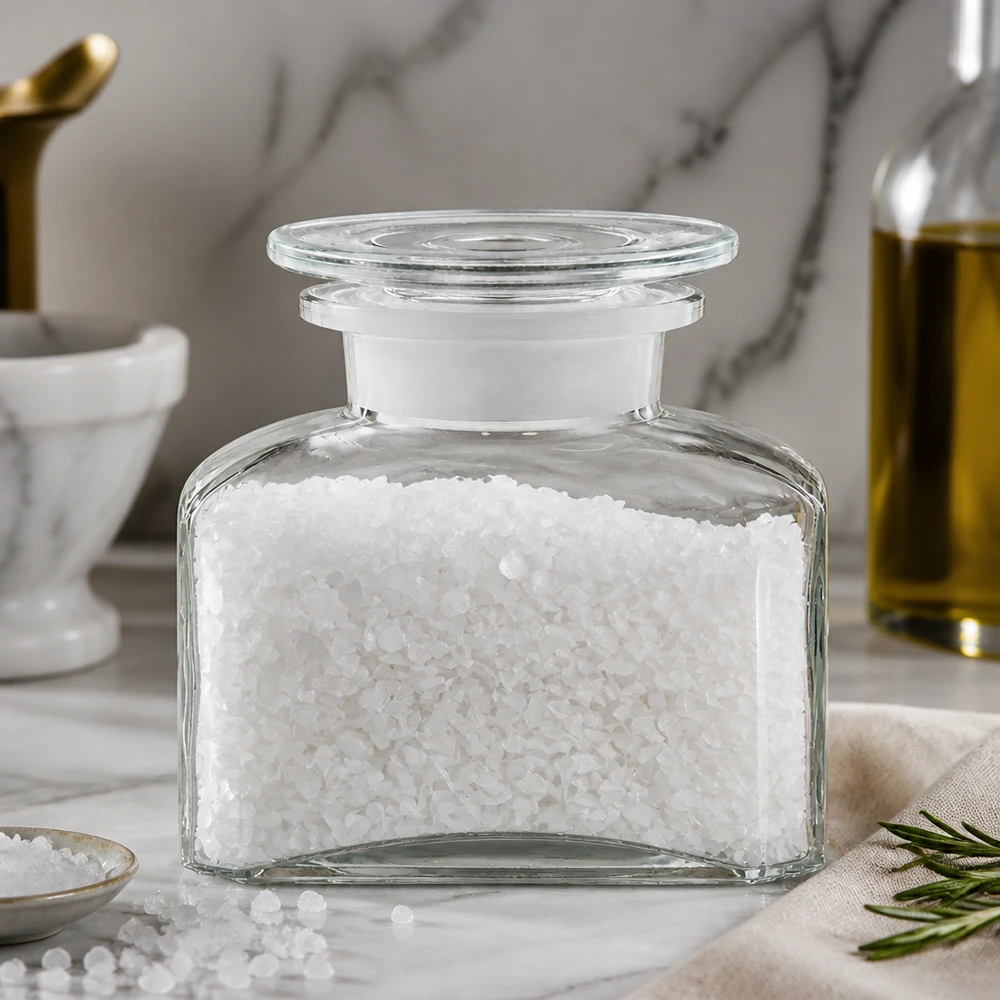 Idé til krydderiglas: Firkantet apotekerflaske 150 ml med bred hals Firkantet apotekerflaske på 150 ml med groft havsalt på marmor med olivenolie og rosmarin