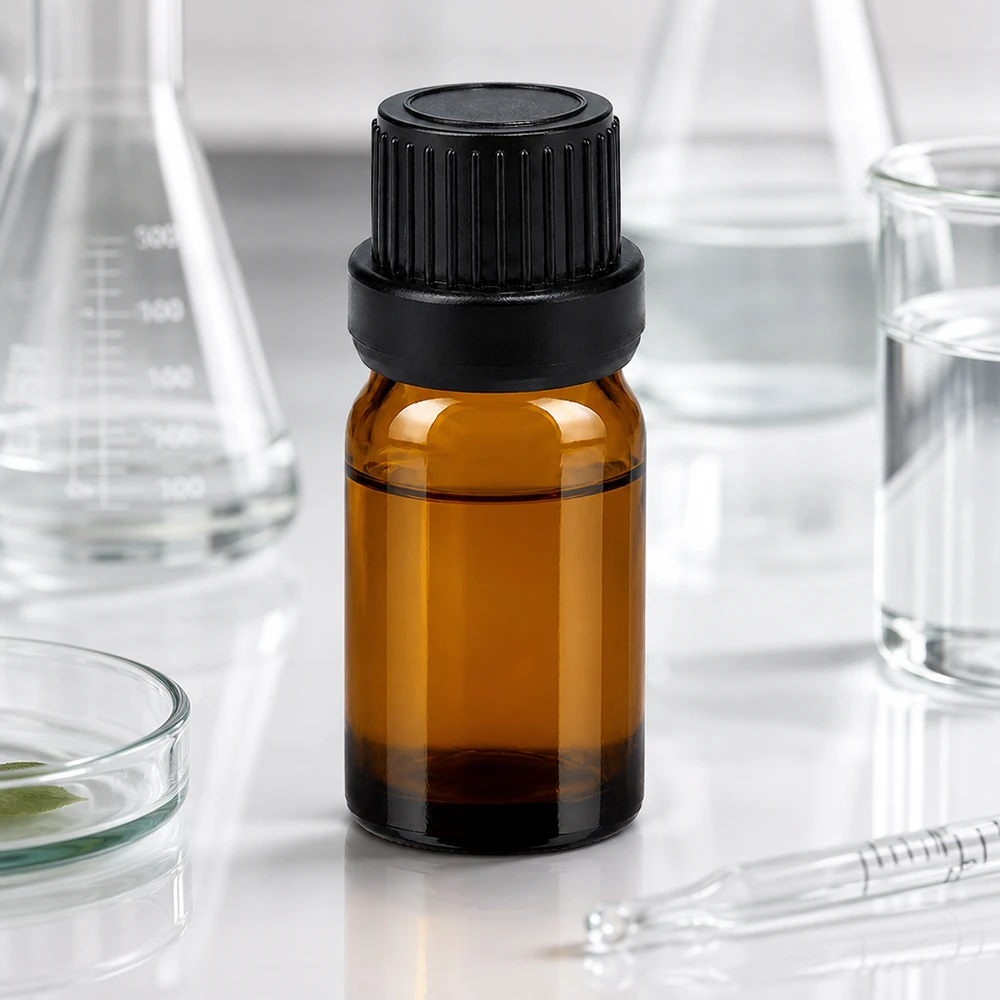 5ml Dropperflaske 2mm sort OV BrownLine UT18/5 Professionel 5 ml laboratorieflaske lavet af ravfarvet glas med sort OV-hætte til laboratoriebrug