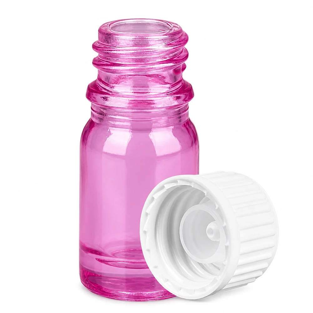 5 ml (kugle) flaske 3 mm hældering hvid standard PurpleLine UT18/5 Lille 5 ml glasflaske pink-pink med tråd og hvid hætte til aromaterapi og parfume
