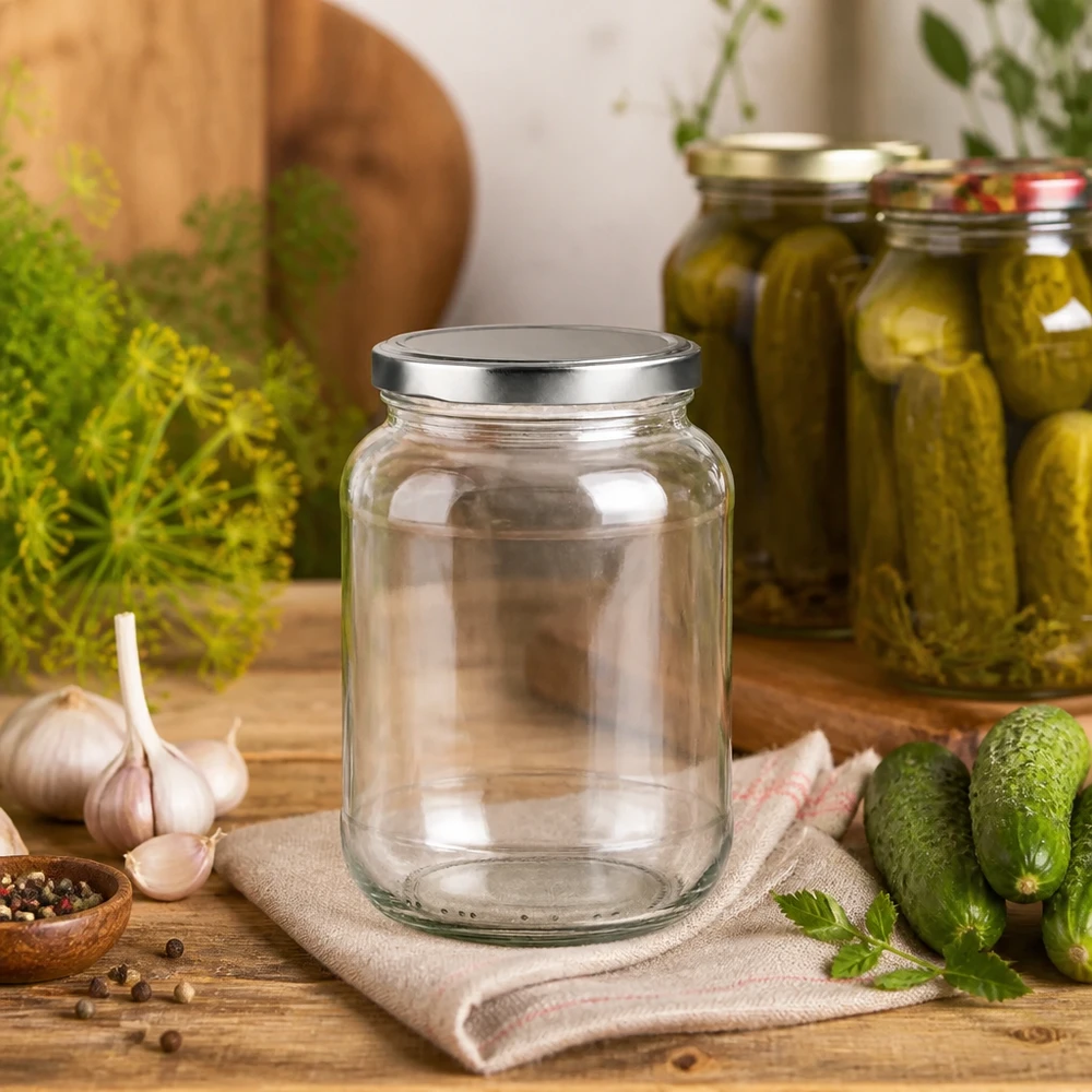 370 ml oval krukke med BasicSeal-låg sølv UNiTWIST 370ml Ovalglas mit BasicSeal Deckel neben eingelegten Gurken und Dill - ideal zum Einkochen und Konservieren