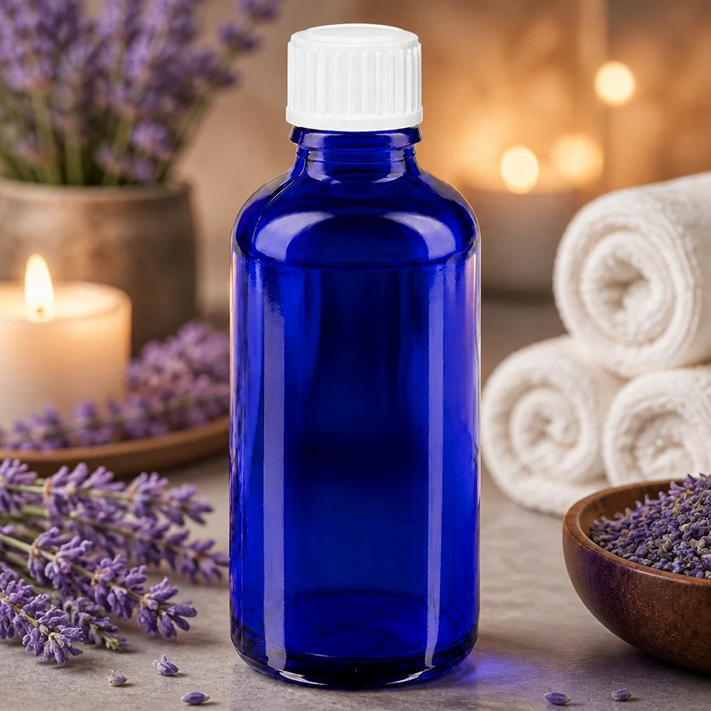 Blå 50 ml dråbeflaske fra ApoGlas med hvid skruelåg ved siden af lavendelblomster og stearinlys