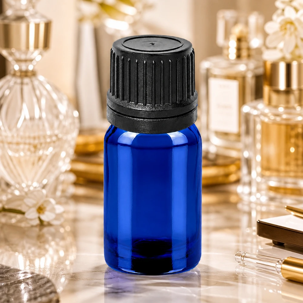 5ml Dropperflaske 1mm sort OV BlueLine UT18/5 Lille 5 ml dråbeflaske af blåt glas med sort skruelåg til kosmetik og aromaterapi