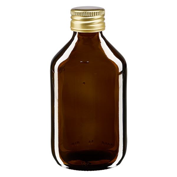 250 ml medicinflaske, brun, med ApoGlas-hætte i guldaluminium. Farmaceutisk kvalitet fra EU-produktion. 28 mm (PP28) gevind. (sirup, lys glasflaske) 250 ml medicinflaske, brun, med ApoGlas-hætte i guldaluminium. Farmaceutisk kvalitet fra EU-produktion. 28 mm (PP28) gevind. (sirup, lys glasflaske)